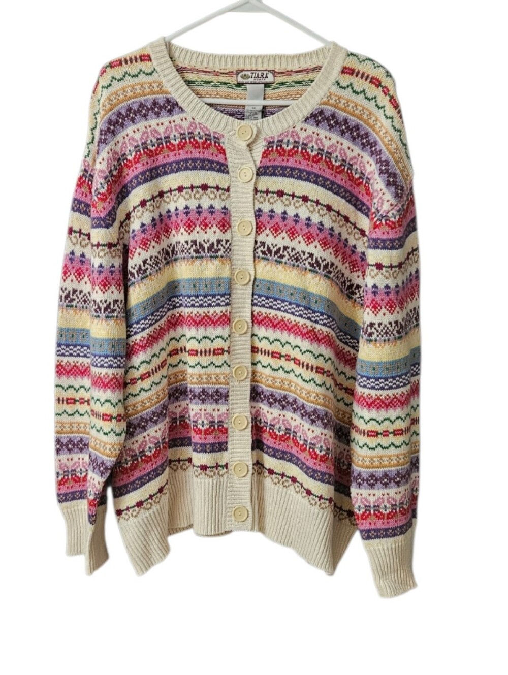 Vintage Tiara Fair Isle Knit Cardigan NWOT Women's 3X Cream Stripe Pattern